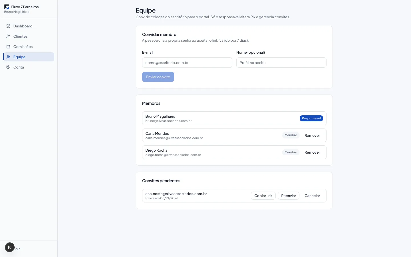 Equipe do escritório no portal do parceiro: responsável, membros e convites pendentes.